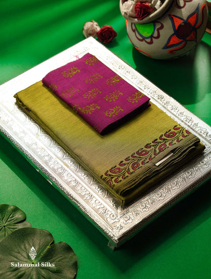 Beautiful Parrot Green Mirror Work Printed South Cotton Saree With Contrast Vadamalli Blouse