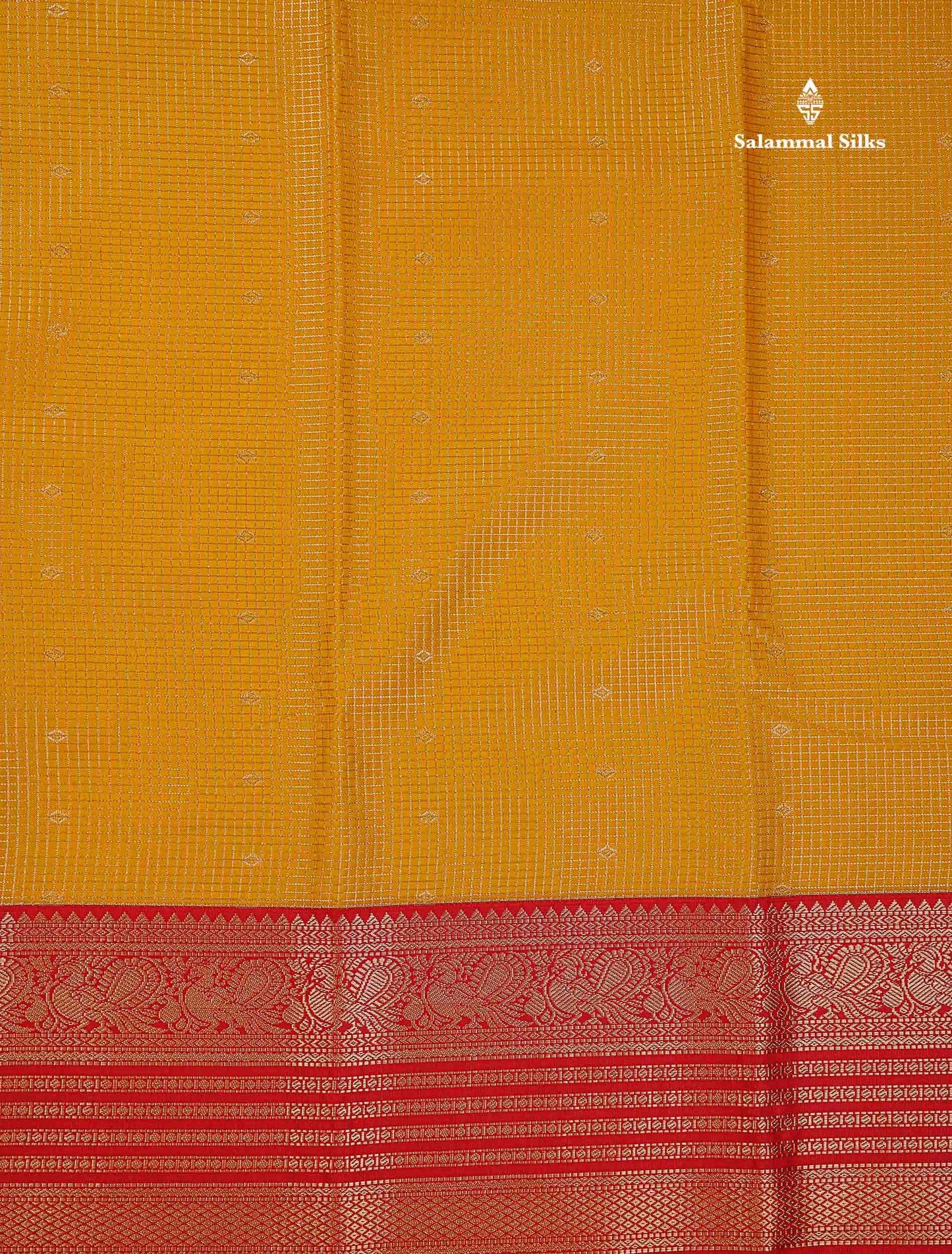 Semi Silk Saree - Mustard Yellow Butta With Small Checks Along With Contrast Red Traditional Border