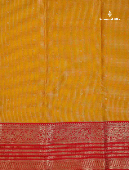 Semi Silk Saree - Mustard Yellow Butta With Small Checks Along With Contrast Red Traditional Border