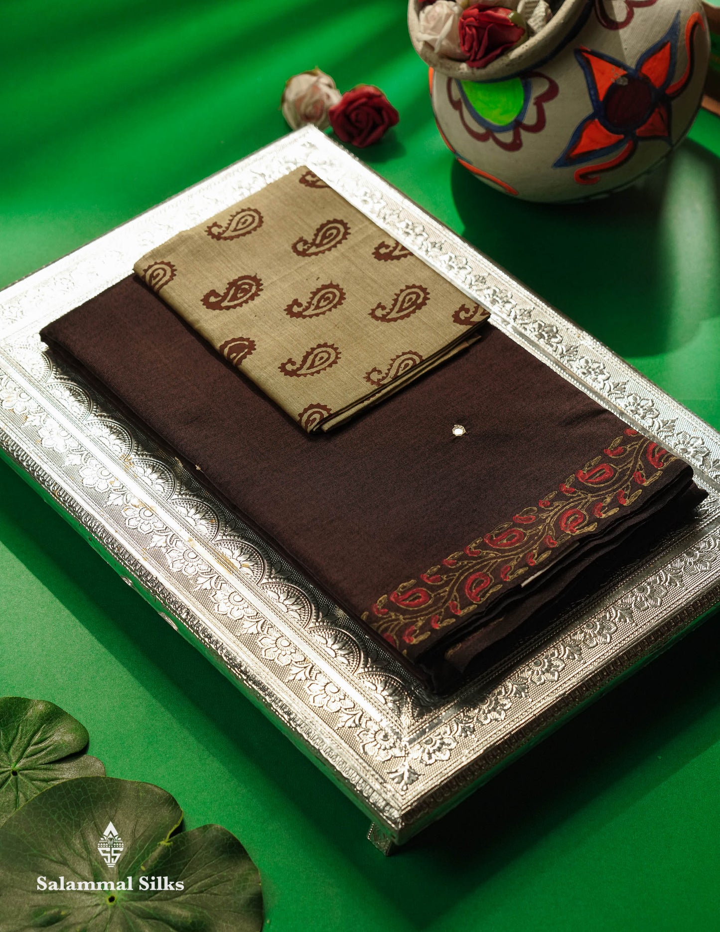 Beautiful Dark Brown Mirror Work Printed South Cotton Saree With Contrast Beige Blouse
