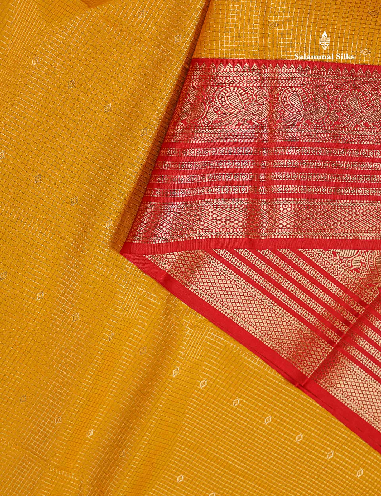 Semi Silk Saree - Mustard Yellow Butta With Small Checks Along With Contrast Red Traditional Border