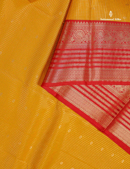 Semi Silk Saree - Mustard Yellow Butta With Small Checks Along With Contrast Red Traditional Border