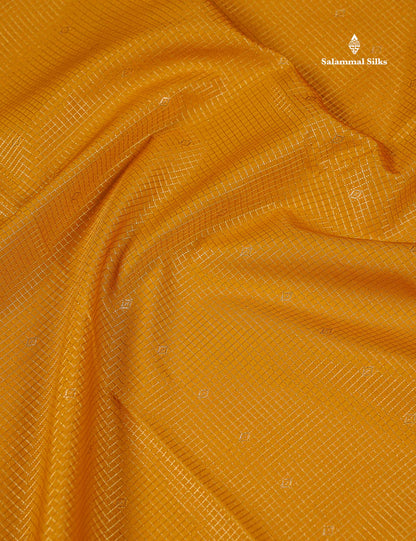 Semi Silk Saree - Mustard Yellow Butta With Small Checks Along With Contrast Red Traditional Border
