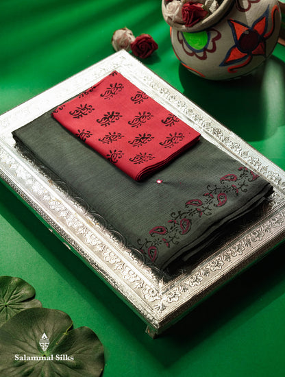Beautiful Dark Grey Mirror Work Printed South Cotton Saree With Contrast Pink Blouse
