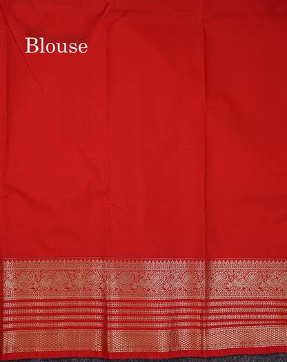 Semi Silk Saree - Mustard Yellow Butta With Small Checks Along With Contrast Red Traditional Border