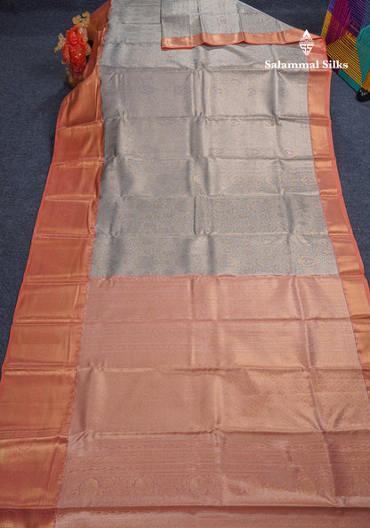 Beautiful Light Grey Tissue Bridal Semi Silk Saree With Contrast Peach Traditional Evening Morning Border