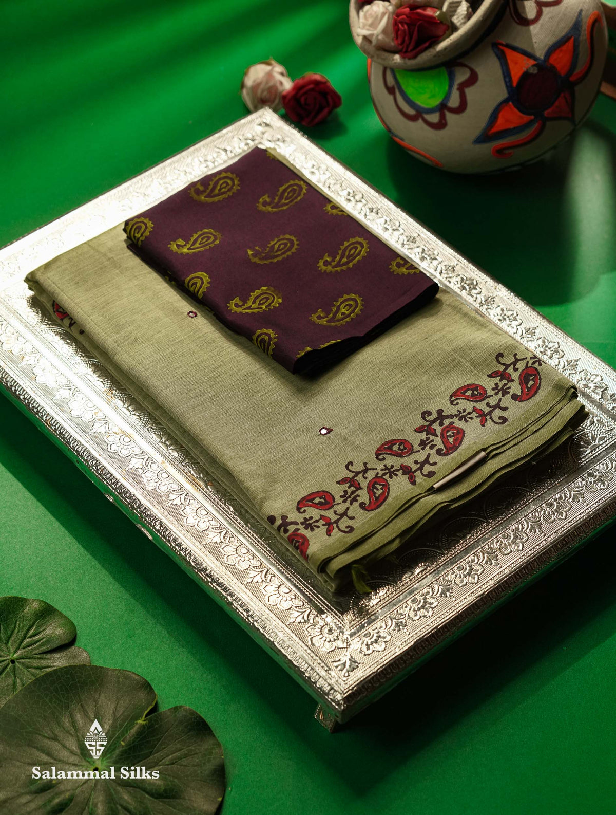 Beautiful Pista Green Mirror Work Printed South Cotton Saree With Contrast Violet Blouse