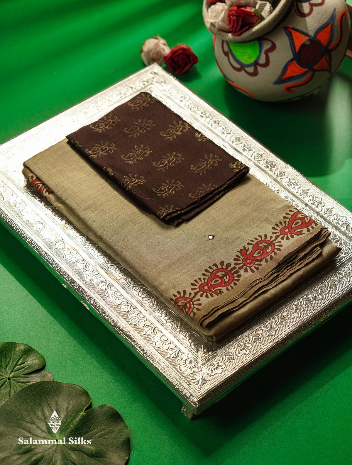 Beautiful Beige Mirror Work Printed South Cotton Saree With Contrast Dark Brown Blouse