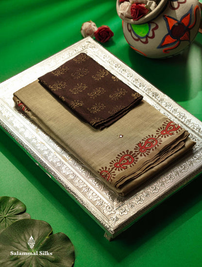 Beautiful Beige Mirror Work Printed South Cotton Saree With Contrast Dark Brown Blouse