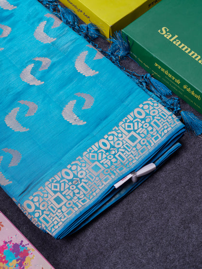 Beautiful Blue Semi Raw Silk Saree With Fancy Border