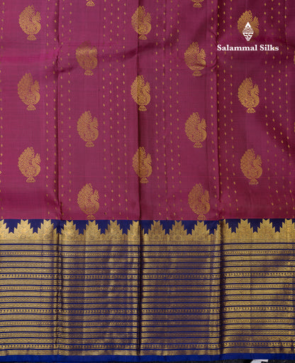 Beautiful Magenta Pure Kanjivaram Silk Saree With Contrast Navy Blue Traditional Evening Morning Border