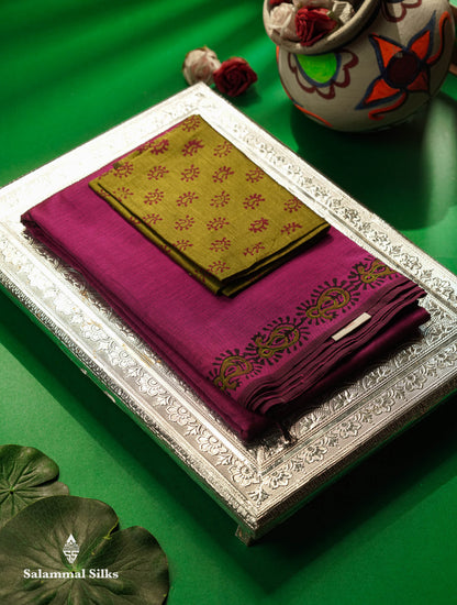 Beautiful Vadamalli Mirror Work Printed South Cotton Saree With Contrast Parrot Green Blouse
