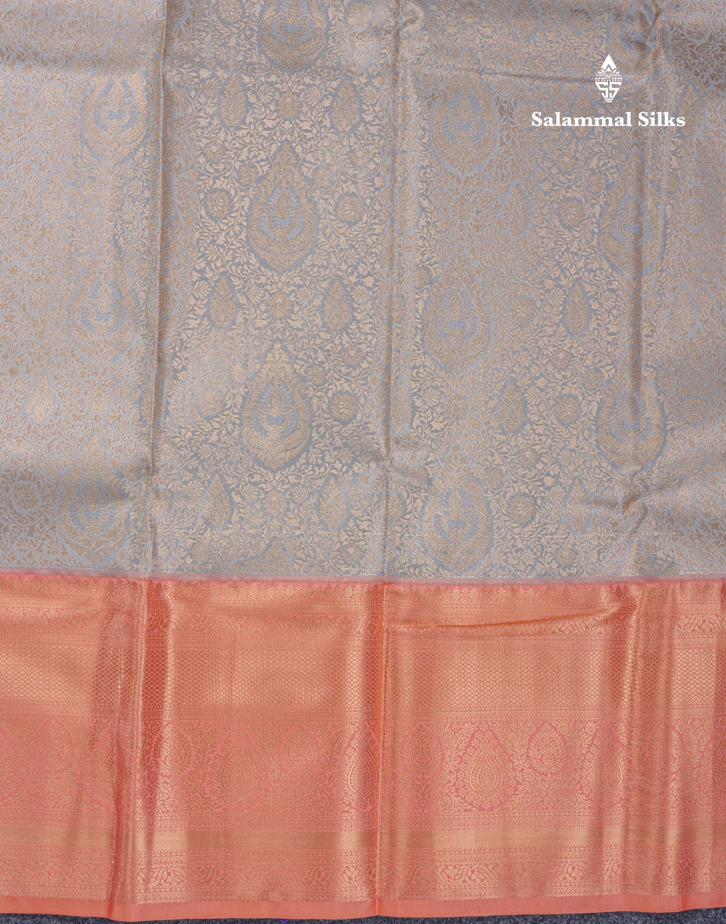 Beautiful Light Grey Tissue Bridal Semi Silk Saree With Contrast Peach Traditional Evening Morning Border