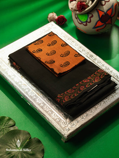 Beautiful Black Mirror Work Printed South Cotton Saree With Contrast Mustard Yellow Blouse