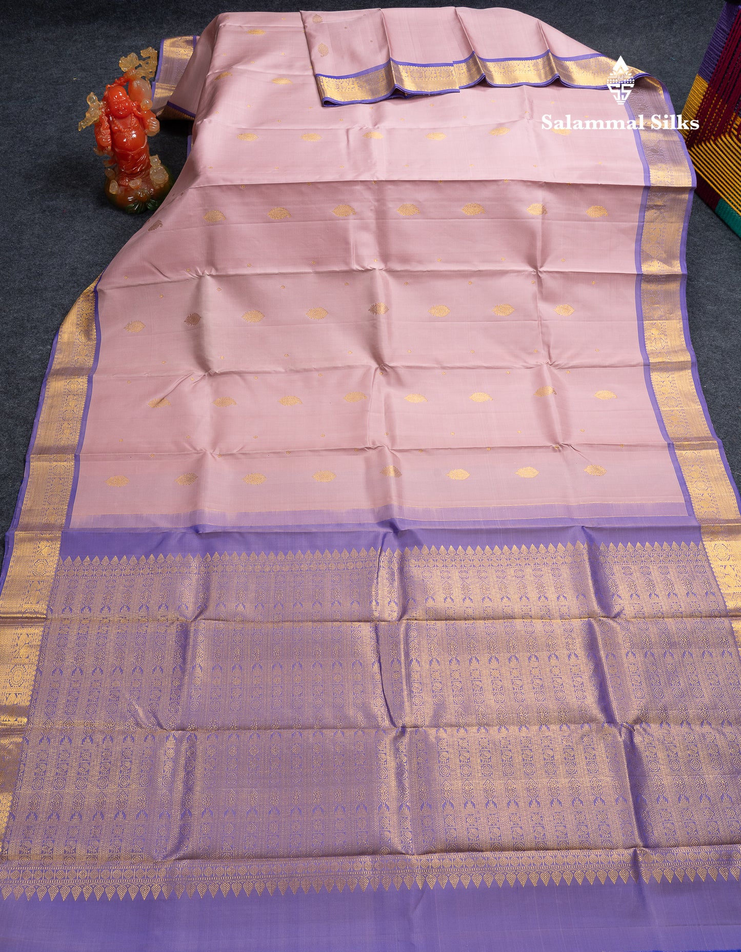 Beautiful Onion Pink Pure Kanjivaram Silk Saree With Contrast Violet Traditional Medium Border