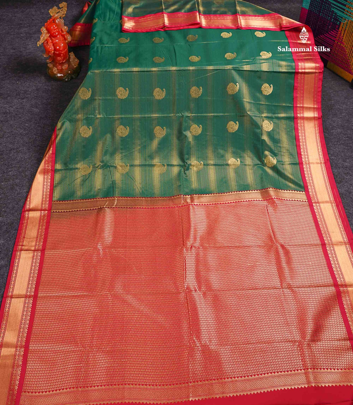Semi Silk Saree -  Bottle Green Mango Butta With Alai Vaira Oosi Lines Along With Contrast Redish Pink Traditional Small Border
