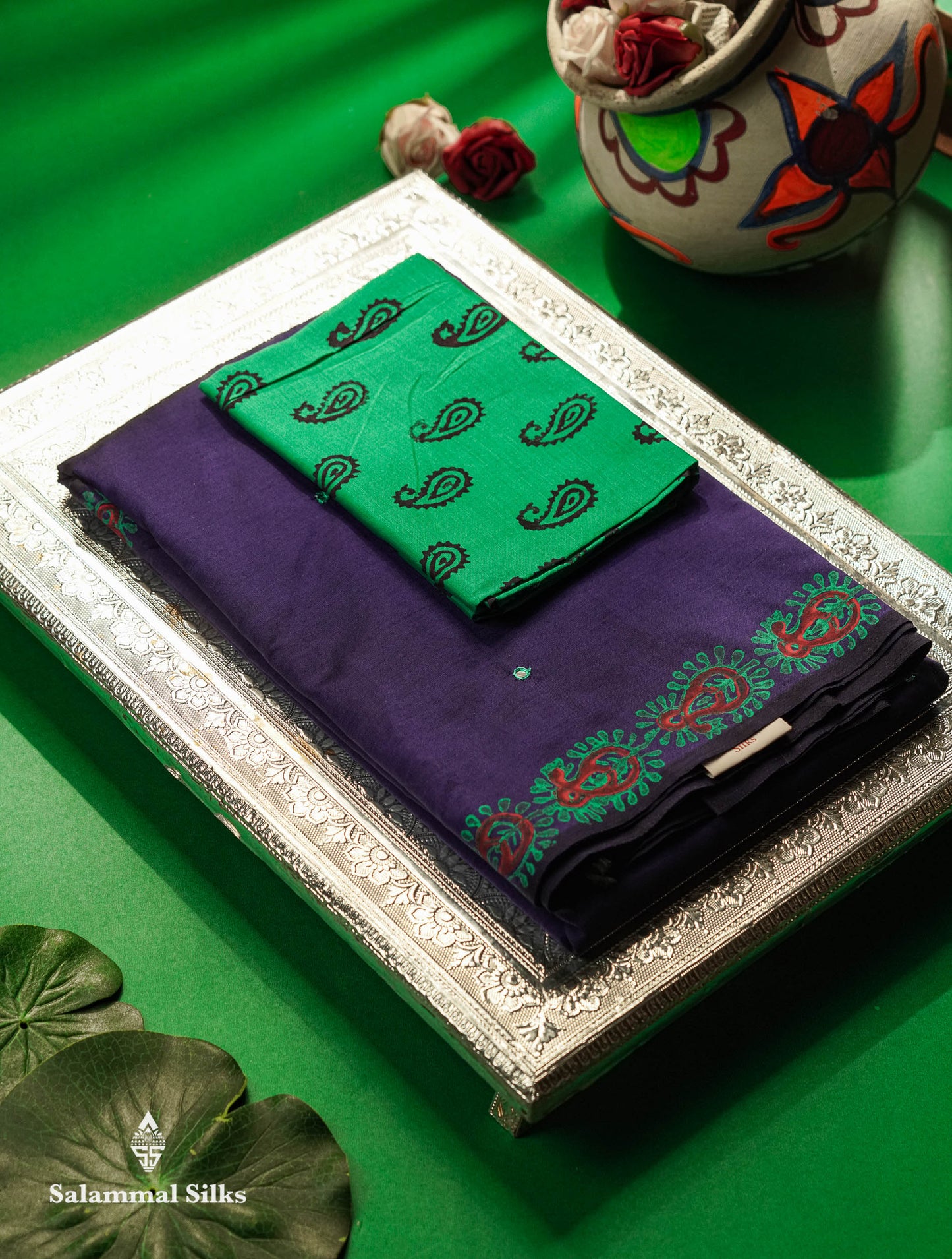 Beautiful Violet Mirror Work Printed South Cotton Saree With Contrast Sapphire Green Blouse