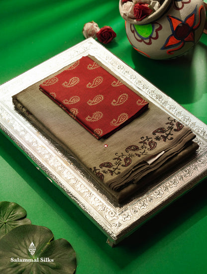 Beautiful Grey Mirror Work Printed South Cotton Saree With Contrast Maroon Blouse