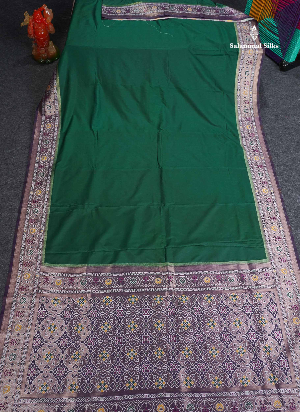 Semi Dola Silk Saree - Bottle Green Plain Colour Body With Contrast Deep Purple Ajirah Print Border 