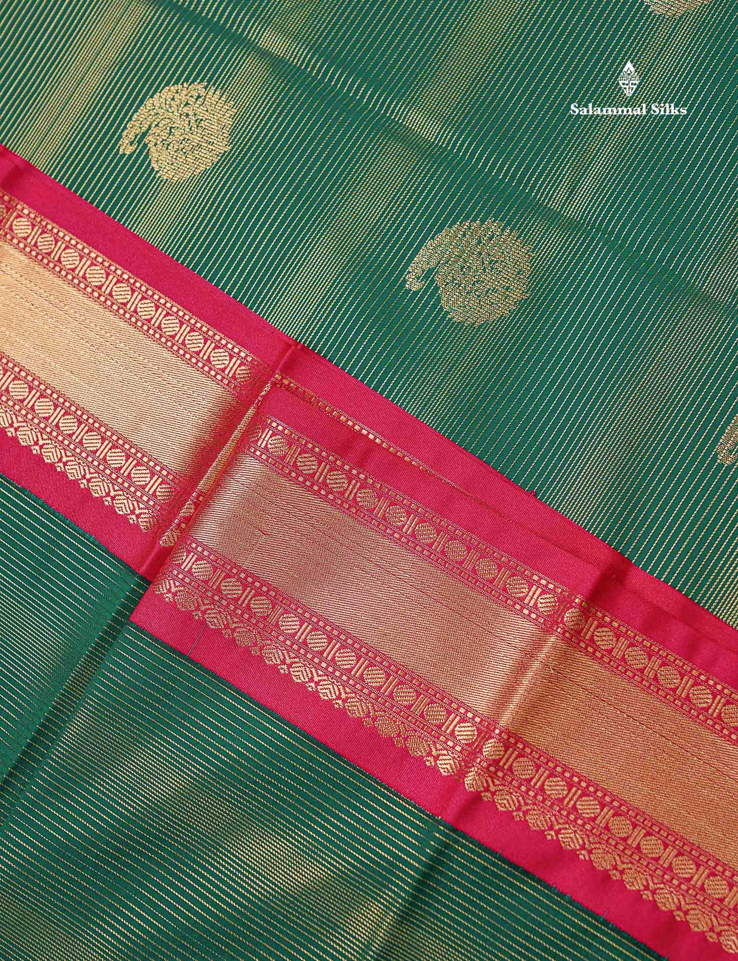 Semi Silk Saree -  Bottle Green Mango Butta With Alai Vaira Oosi Lines Along With Contrast Redish Pink Traditional Small Border