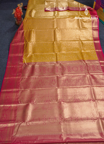 Beautiful Gold Tissue Bridal Semi Silk Saree With Contrast Pink Traditional Evening Morning Border