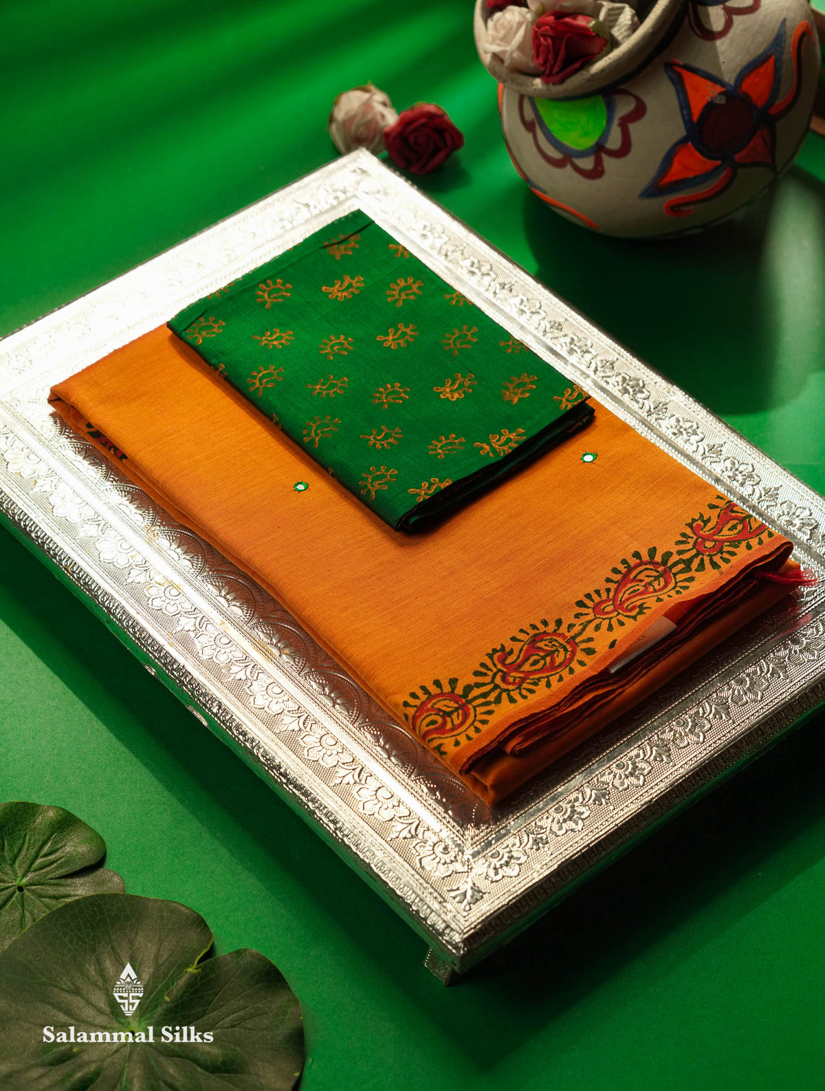 Beautiful Fanta Orange Mirror Work Printed South Cotton Saree With Contrast Bottle Green Blouse