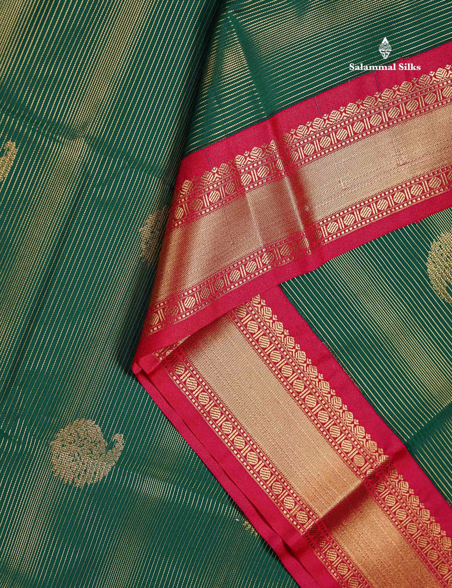 Semi Silk Saree -  Bottle Green Mango Butta With Alai Vaira Oosi Lines Along With Contrast Redish Pink Traditional Small Border