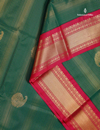 Semi Silk Saree -  Bottle Green Mango Butta With Alai Vaira Oosi Lines Along With Contrast Redish Pink Traditional Small Border