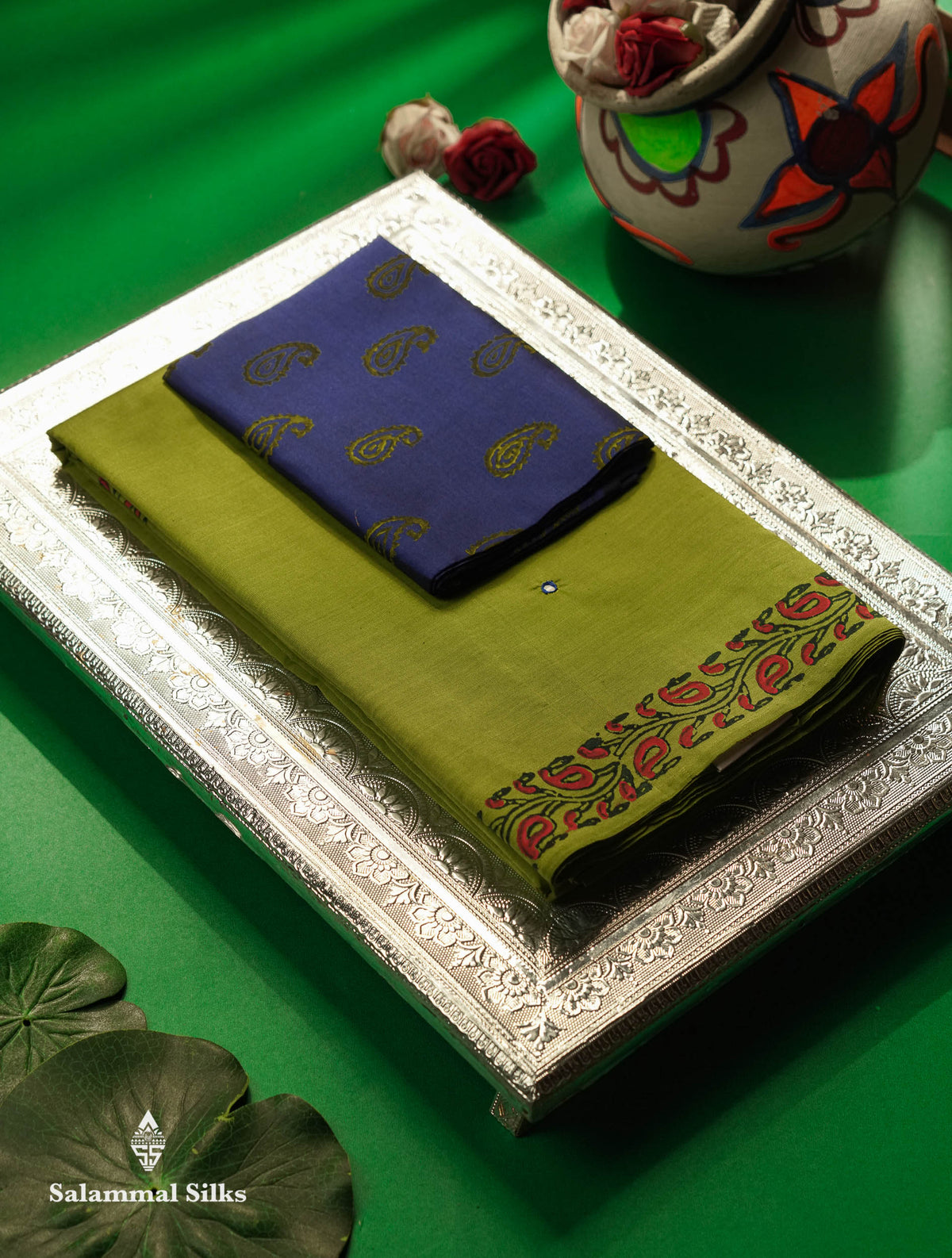 Beautiful Parrot Green Mirror Work Printed South Cotton Saree With Contrast Violet Blouse