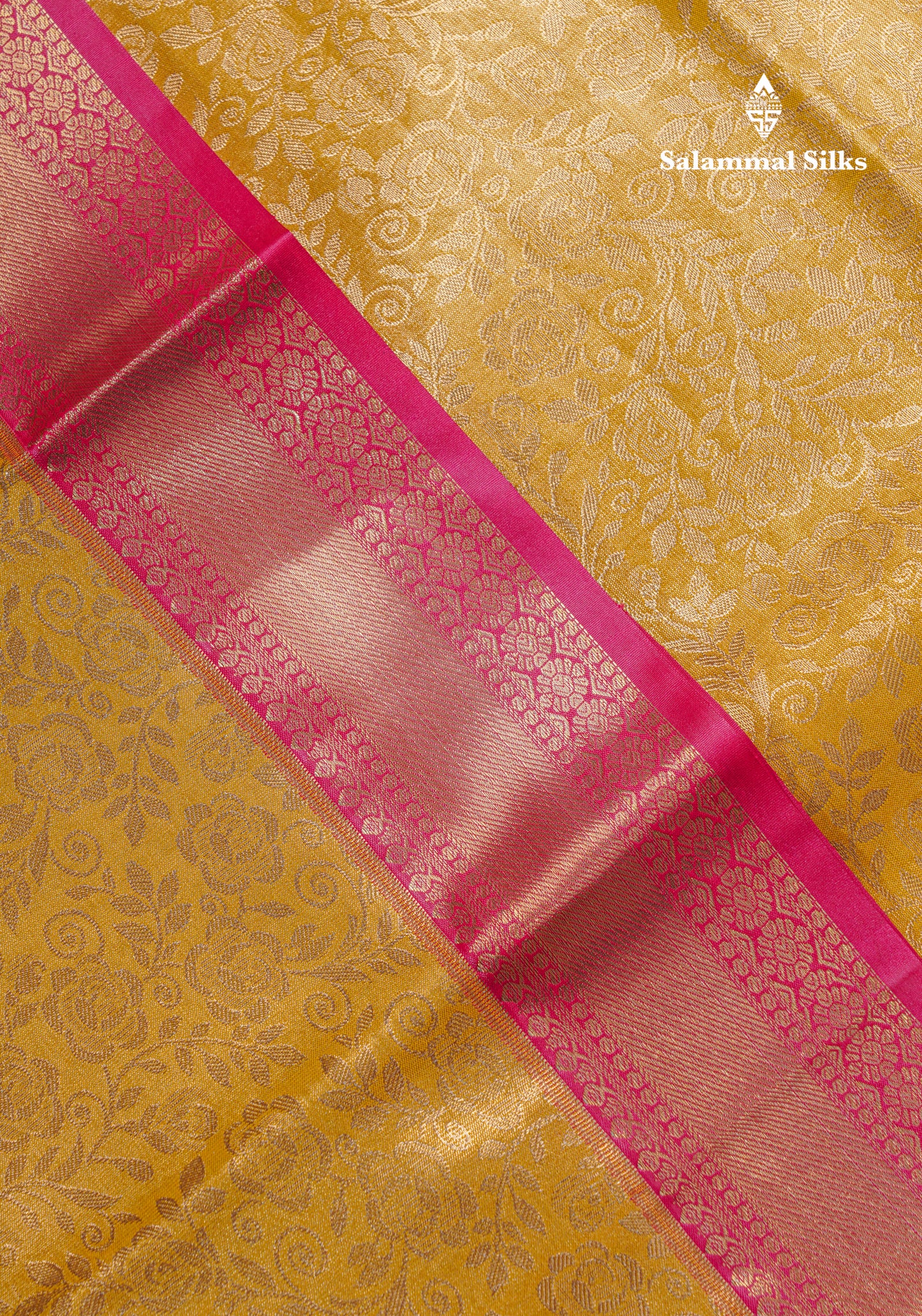 Beautiful Gold Tissue Bridal Semi Silk Saree With Contrast Pink Traditional Evening Morning Border