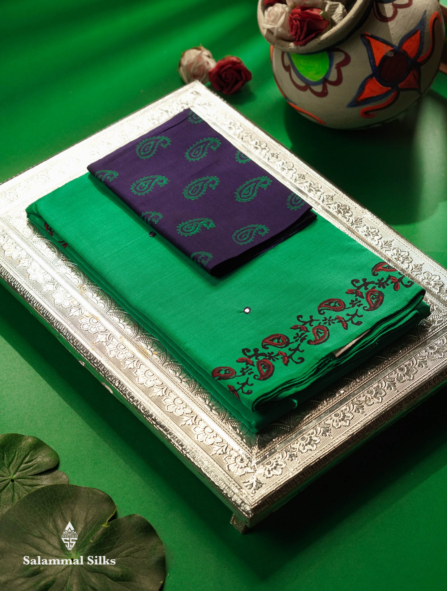 Beautiful Sapphire Green Mirror Work Printed South Cotton Saree With Contrast Violet Blouse