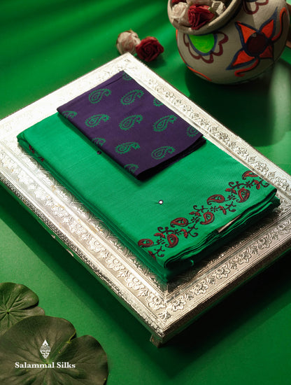 Beautiful Sapphire Green Mirror Work Printed South Cotton Saree With Contrast Violet Blouse