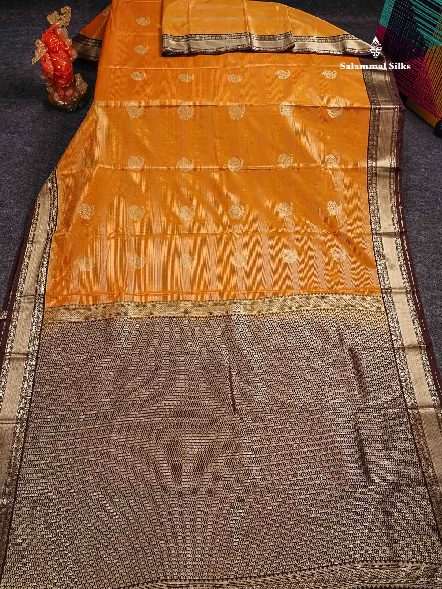 Semi Silk Saree -  Mango Yellow Butta With Alai Vaira Oosi Lines Along With Contrast Dark Brown Traditional Small Border