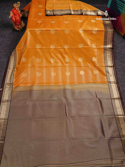Semi Silk Saree -  Mango Yellow Butta With Alai Vaira Oosi Lines Along With Contrast Dark Brown Traditional Small Border