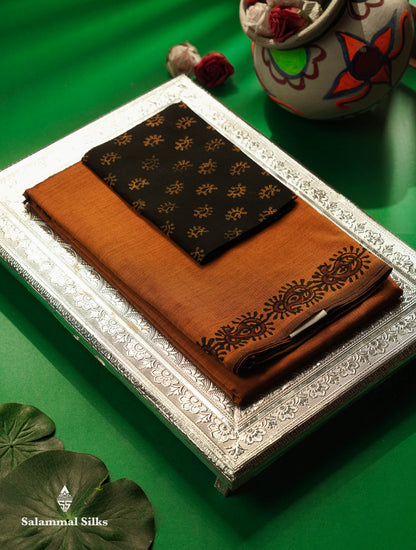 Beautiful Mustard Yellow Mirror Work Printed South Cotton Saree With Contrast Black Blouse