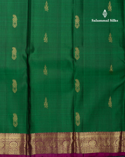Beautiful Green Pure Kanjivaram Silk Saree With Contrast Magenta Traditional Small Border