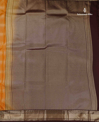 Semi Silk Saree -  Mango Yellow Butta With Alai Vaira Oosi Lines Along With Contrast Dark Brown Traditional Small Border