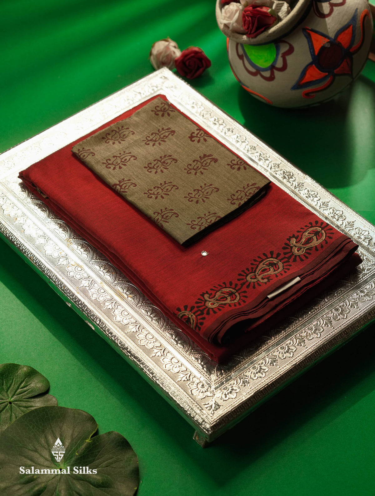 Beautiful Maroon Mirror Work Printed South Cotton Saree With Contrast Grey Blouse