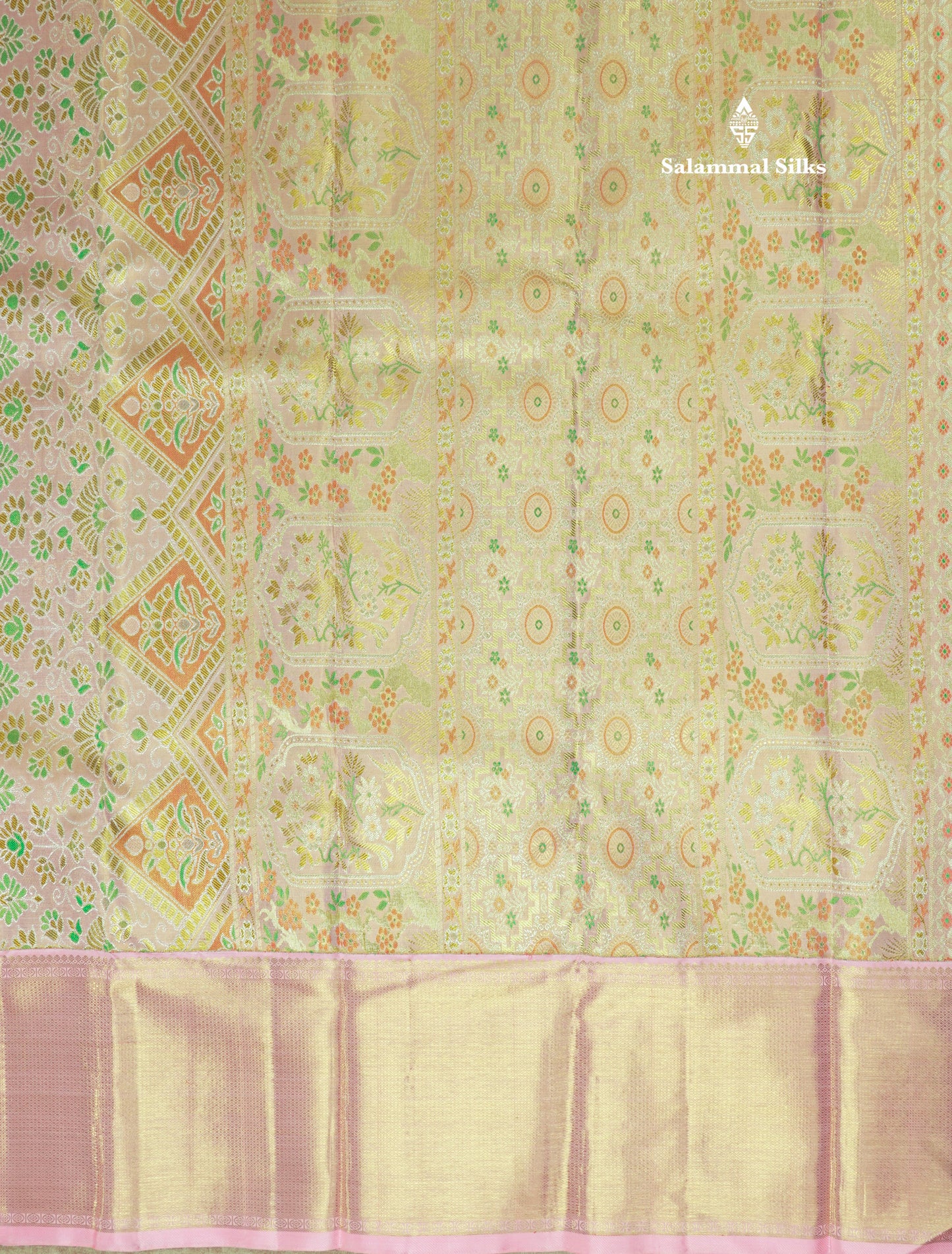 Pure Zari Multicolour Tissue Pure Kanjivaram Silk Saree With Contrast Baby Pink Border