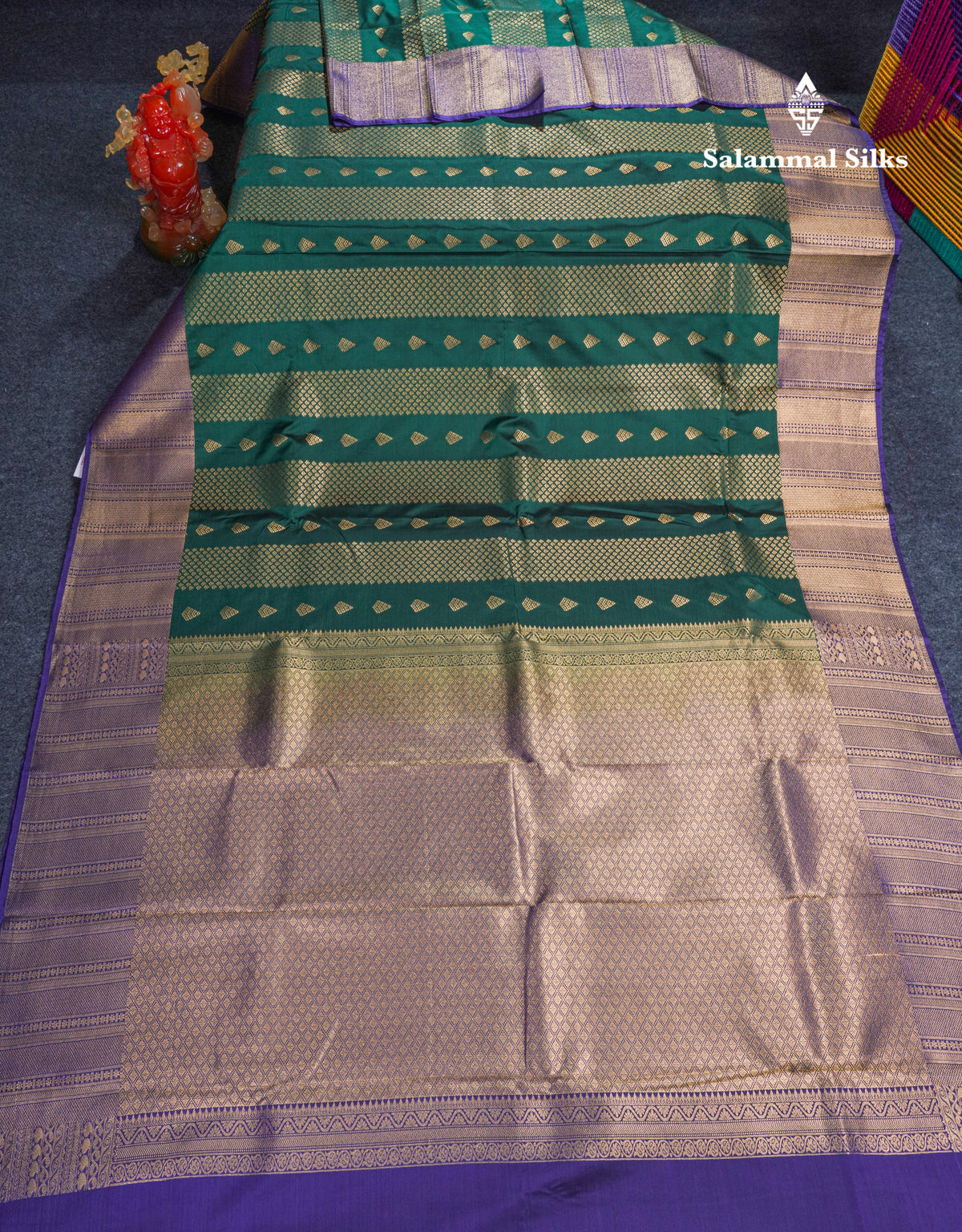 Bottle Green Semi Silk Saree With Contrast Violet Border