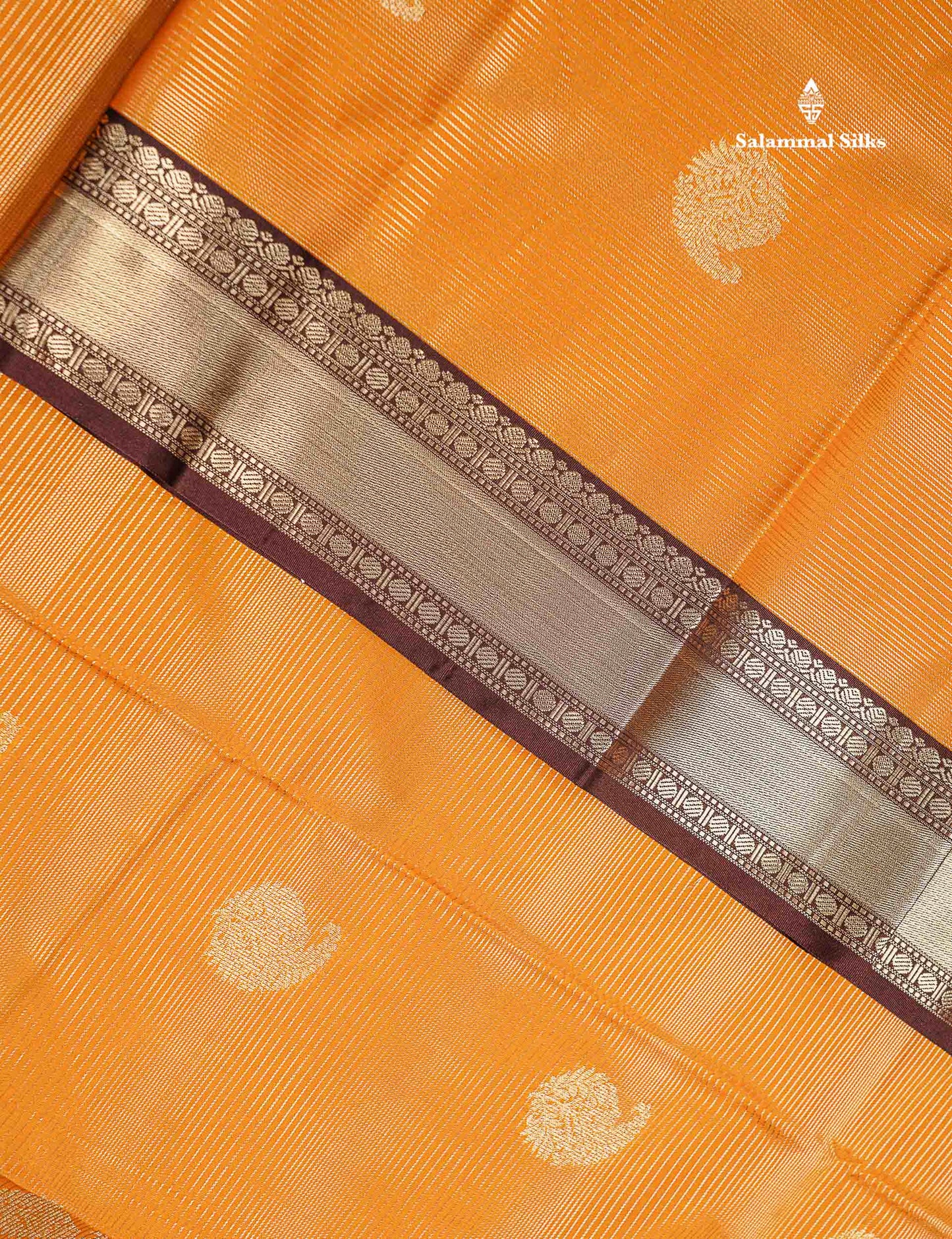 Semi Silk Saree -  Mango Yellow Butta With Alai Vaira Oosi Lines Along With Contrast Dark Brown Traditional Small Border