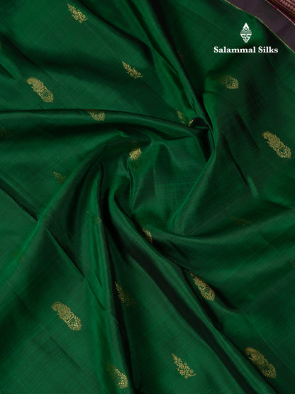 Beautiful Green Pure Kanjivaram Silk Saree With Contrast Magenta Traditional Small Border