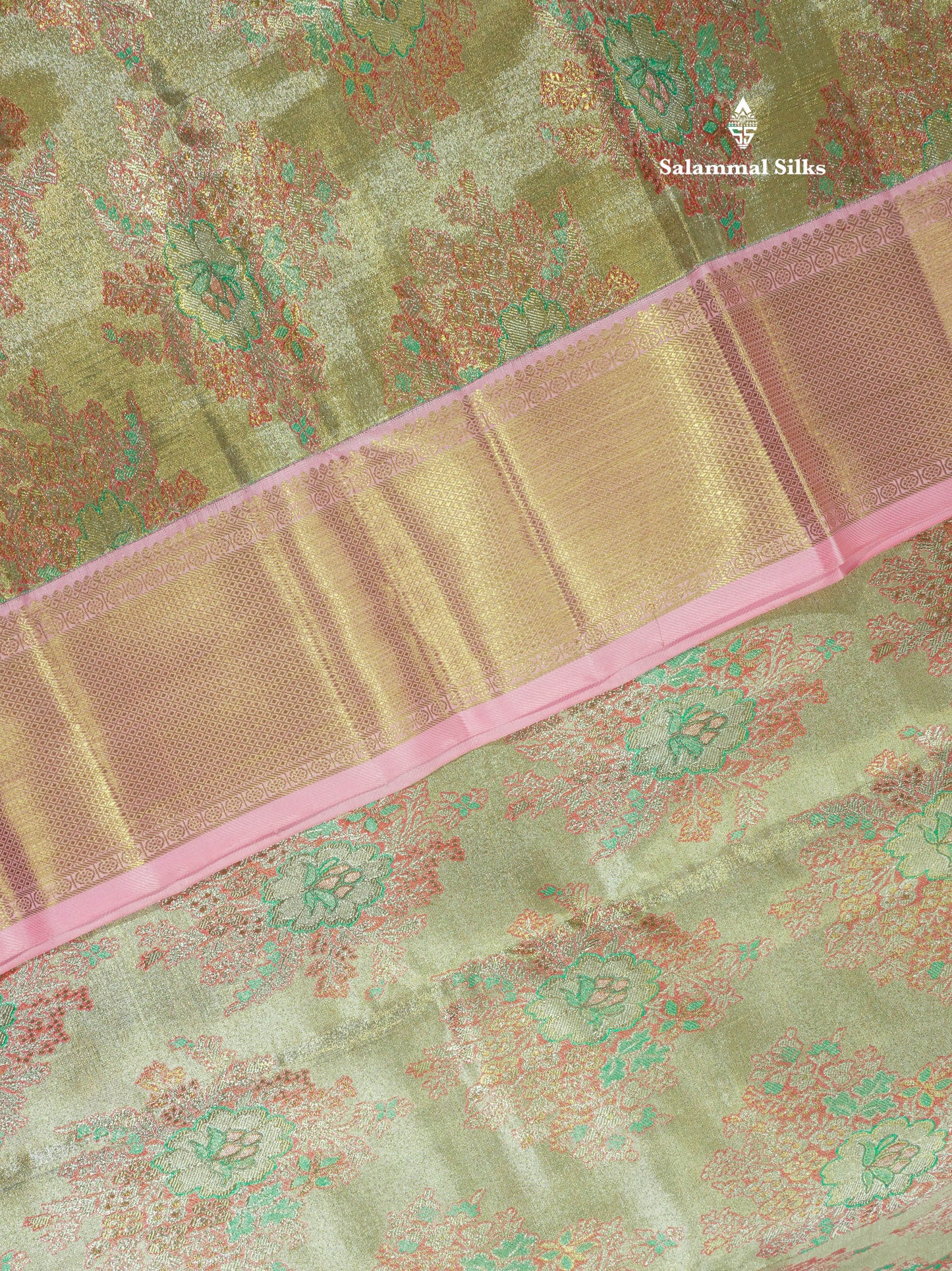 Pure Zari Multicolour Tissue Pure Kanjivaram Silk Saree With Contrast Baby Pink Border