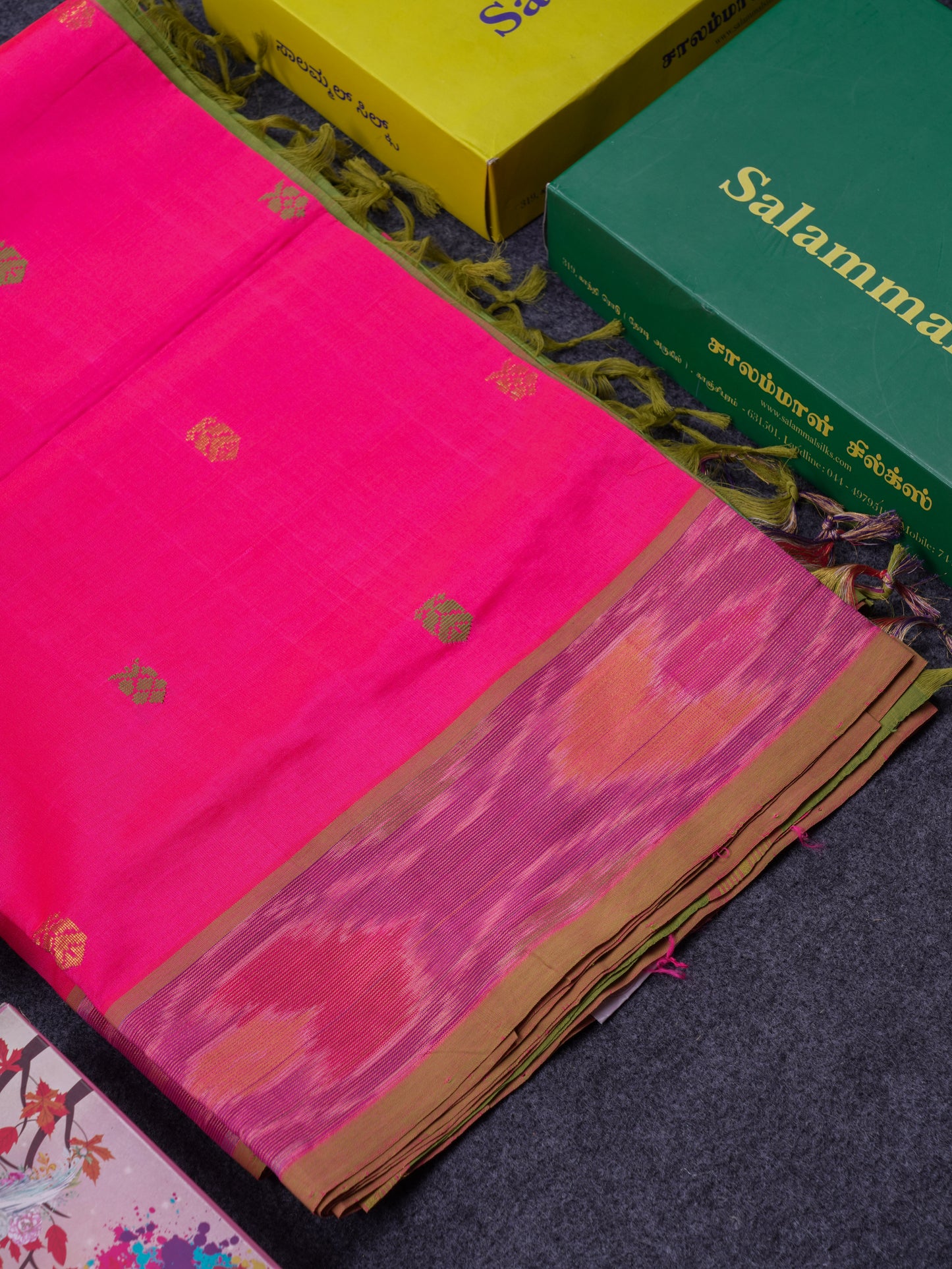 Beautiful Pink Thread Work Buttas Semi Silk Cotton Saree With Contrast Green Blouse