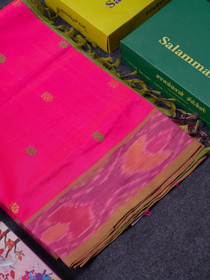 Beautiful Pink Thread Work Buttas Semi Silk Cotton Saree With Contrast Green Blouse