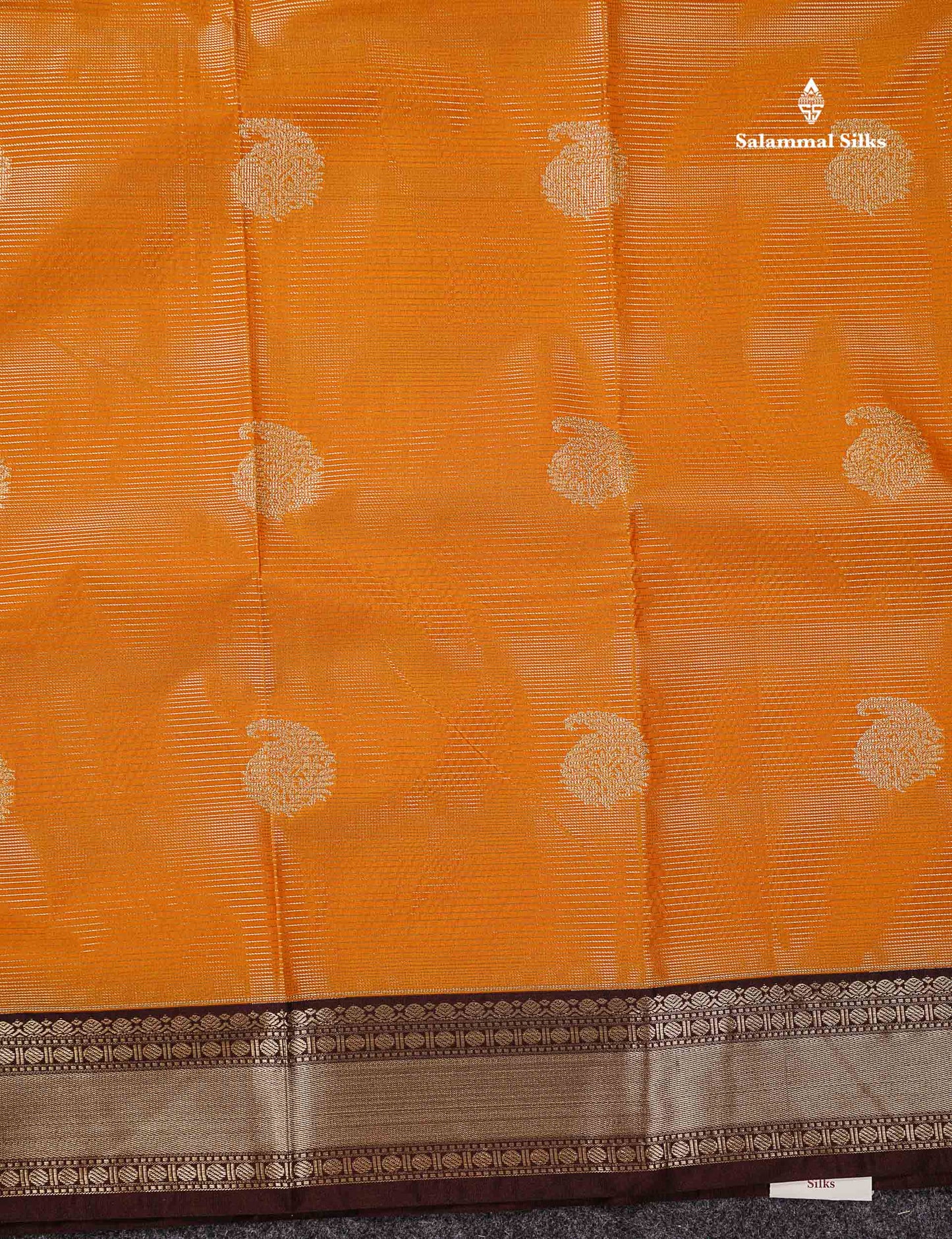 Semi Silk Saree -  Mango Yellow Butta With Alai Vaira Oosi Lines Along With Contrast Dark Brown Traditional Small Border