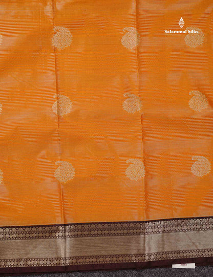 Semi Silk Saree -  Mango Yellow Butta With Alai Vaira Oosi Lines Along With Contrast Dark Brown Traditional Small Border