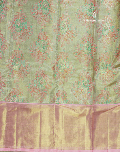 Pure Zari Multicolour Tissue Pure Kanjivaram Silk Saree With Contrast Baby Pink Border
