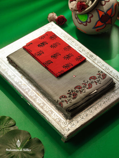 Beautiful Ash Mirror Work Printed South Cotton Saree With Contrast Red Blouse