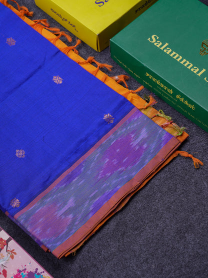 Beautiful Royal Blue Semi Silk Cotton Saree With Contrast Mustard Yellow Blouse